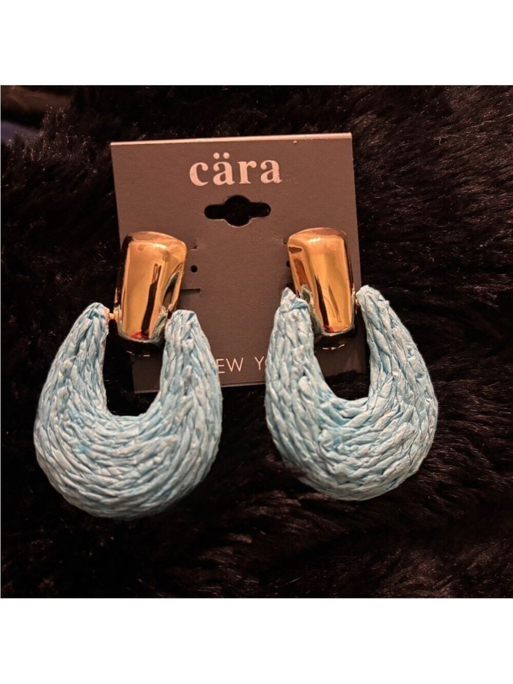 Cara NY Blue Raffia Woven Teardrop Earrings Gold Tone